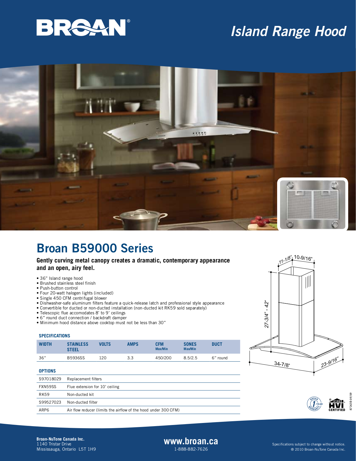 Broan B5936SS Specification Sheet