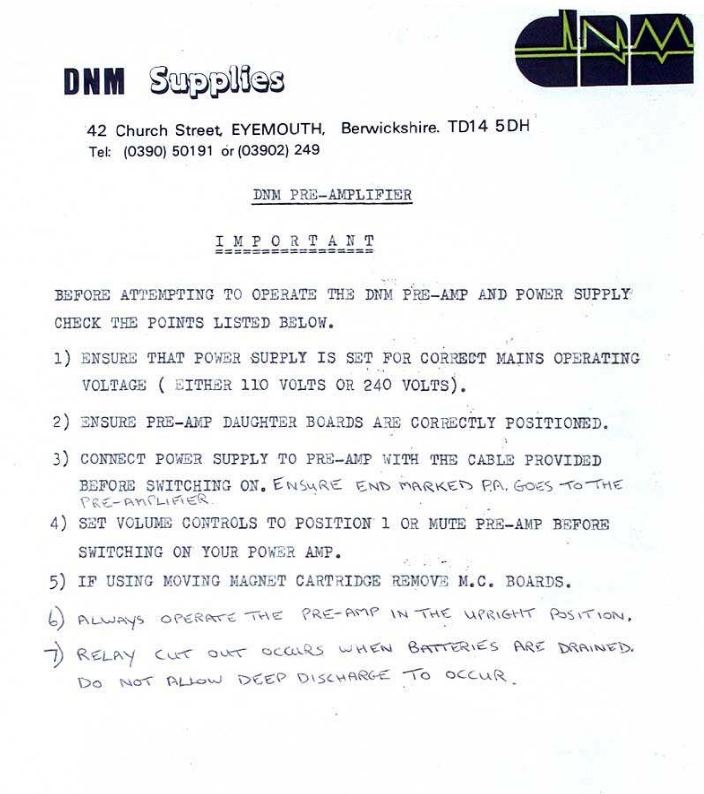 DNM Design Pre amplifier Mk2 Owners manual