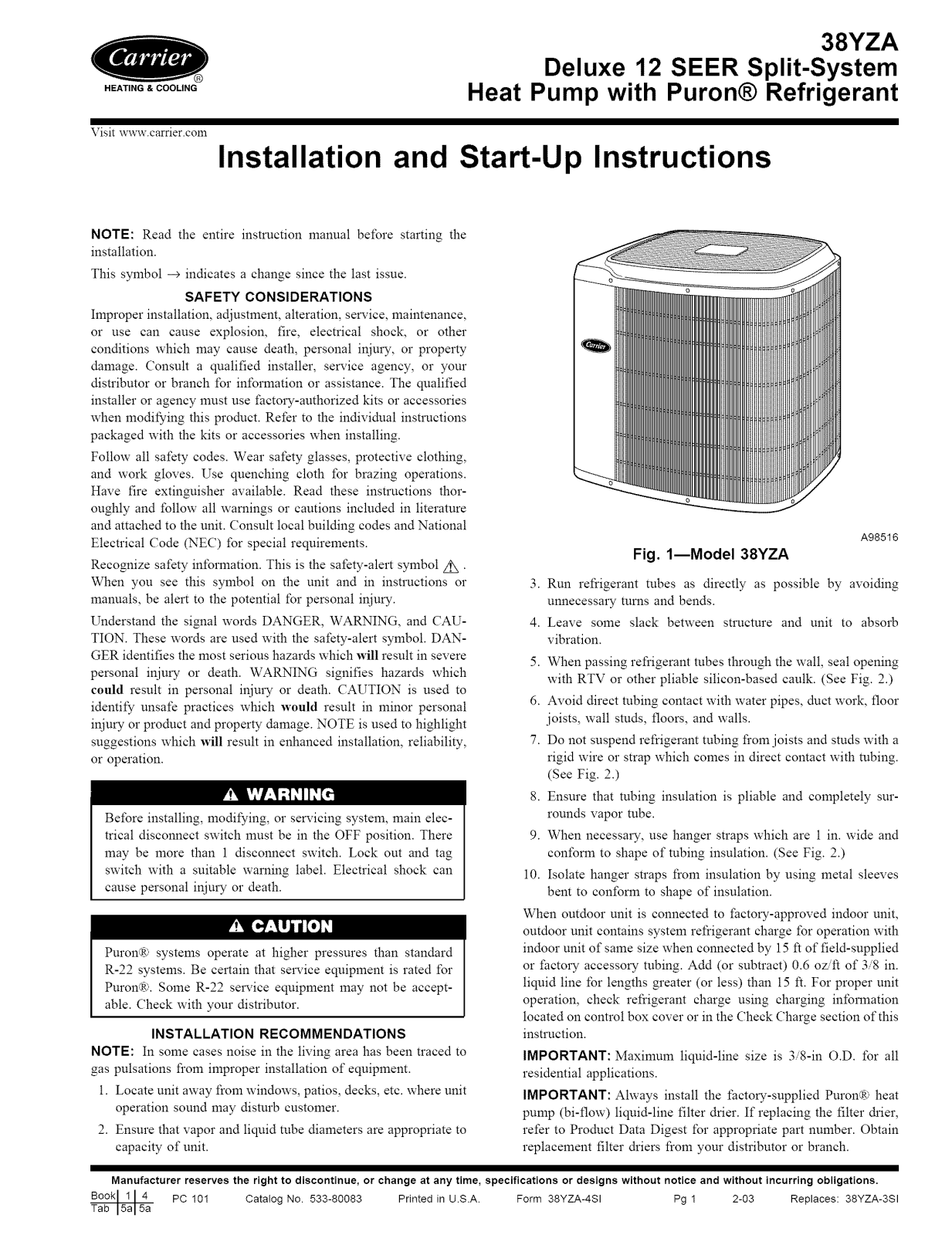 Carrier 38YZA060 SERIES310, 38YZA048 SERIES320, 38YZA048 SERIES310, 38YZA042 SERIES320, 38YZA036 SERIES320 Installation Guide - ManualMachine.com