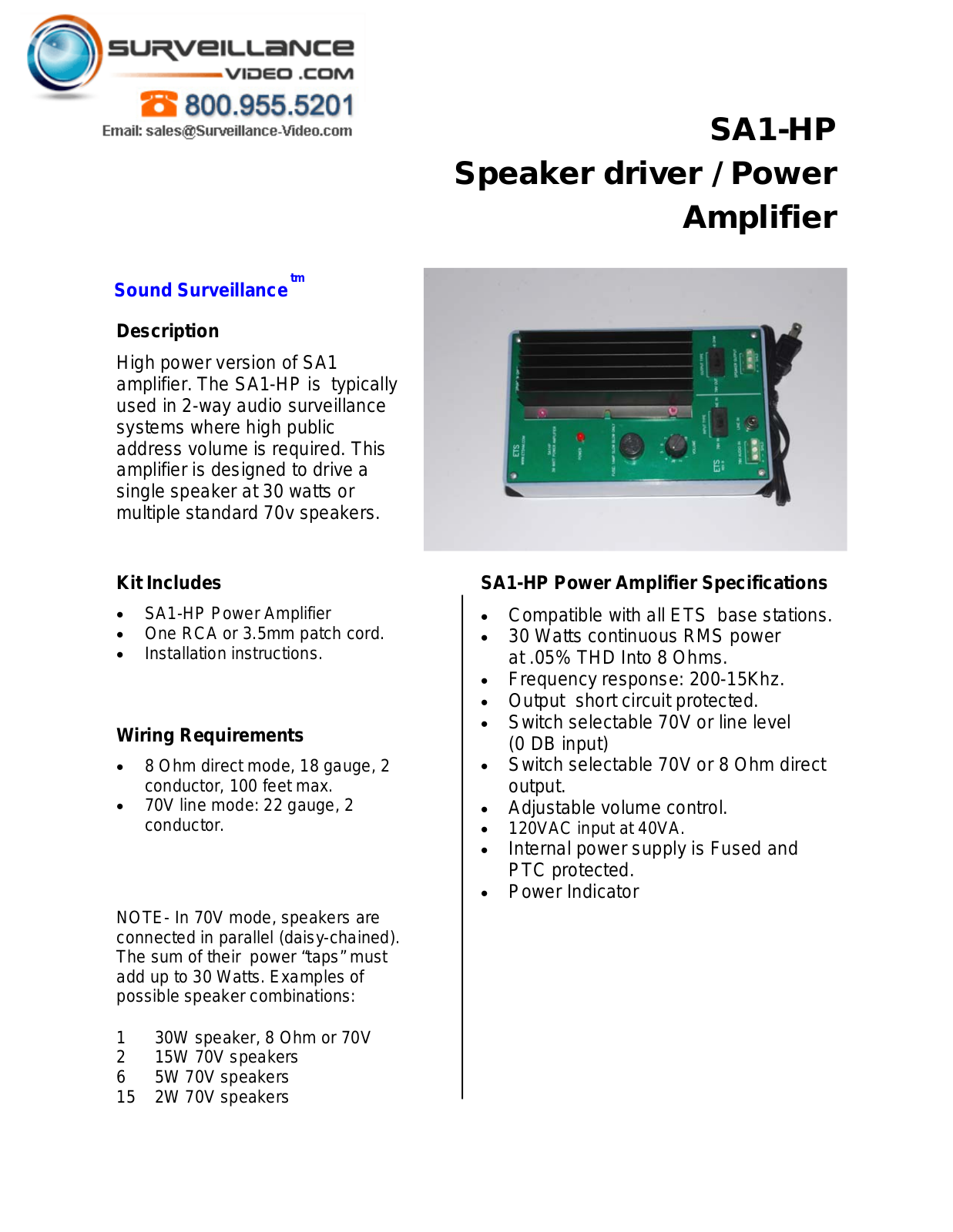 ETS SA1-HP Specsheet