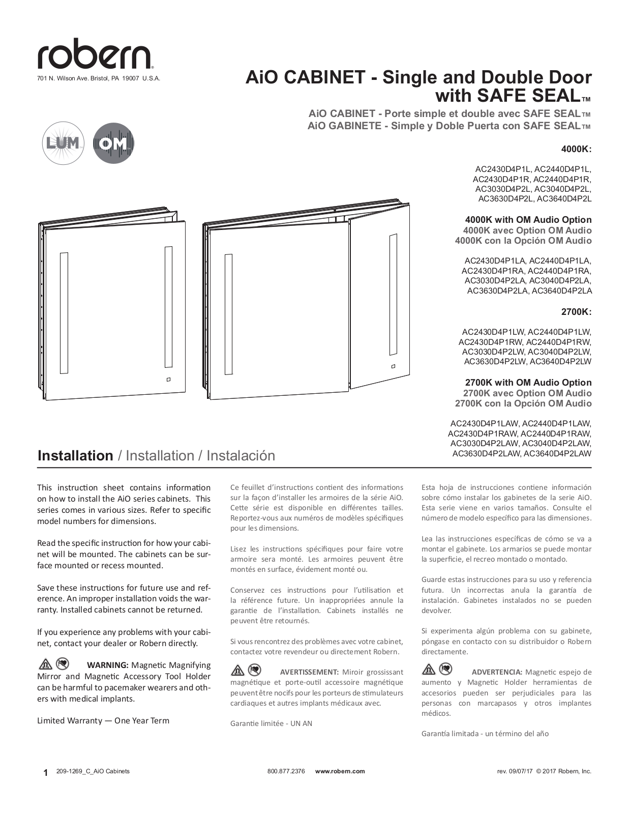 Robern AC2430D4P1L, AC2440D4P1L, AC2430D4P1R, AC2440D4P1R, AC3030D4P2L Installation Manual