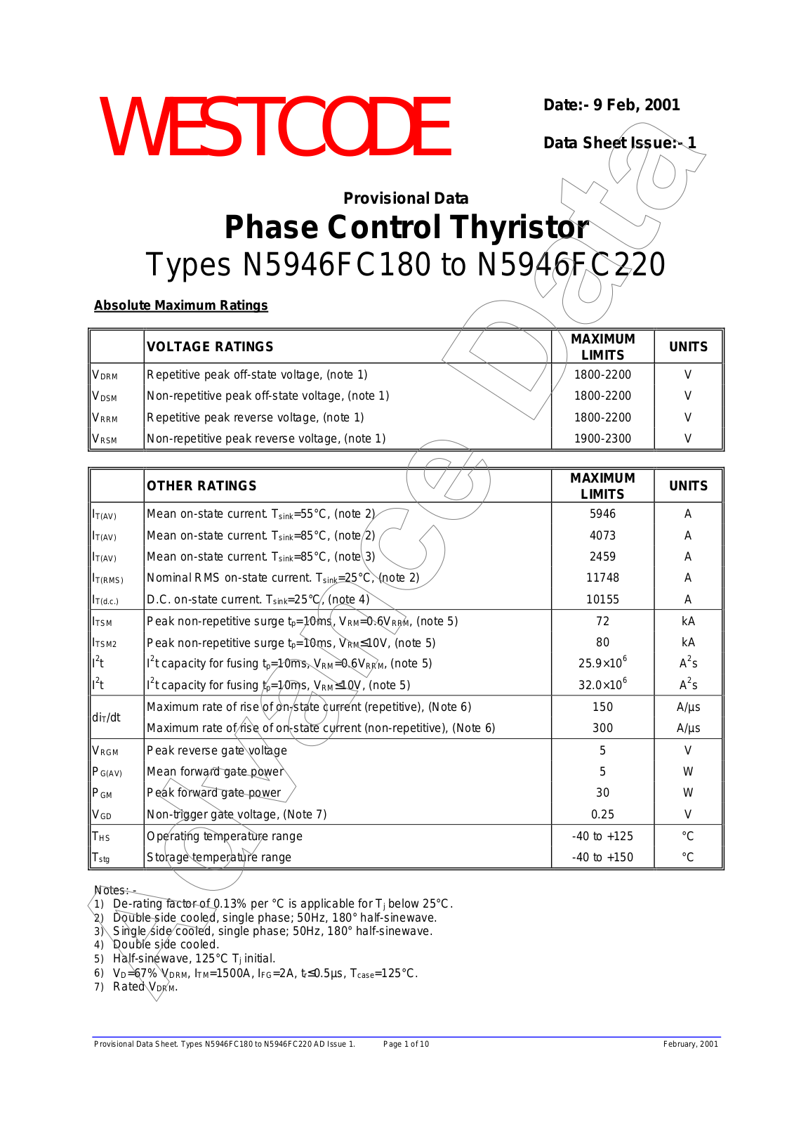 Westcode Semiconductors N5946FC180, N5946FC220 Data Sheet