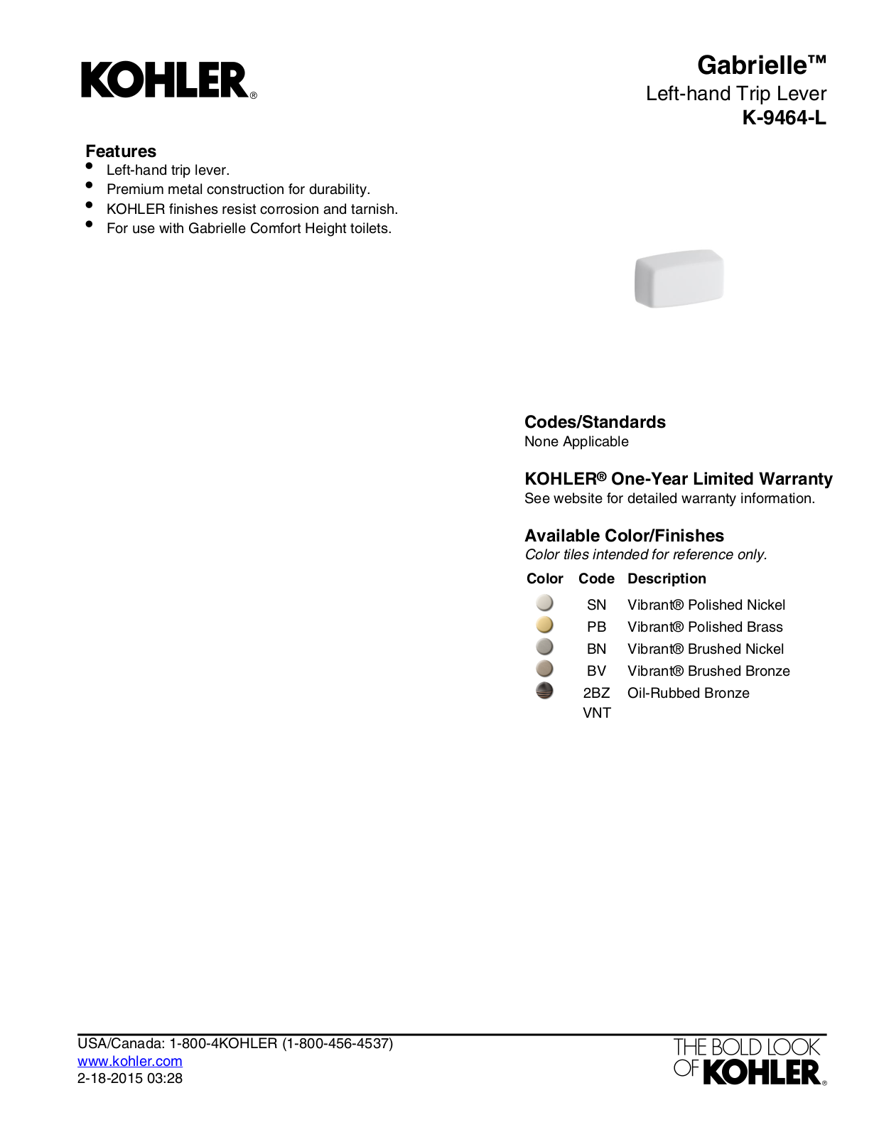 Kohler KOH7399 Specifications - ManualMachine.com
