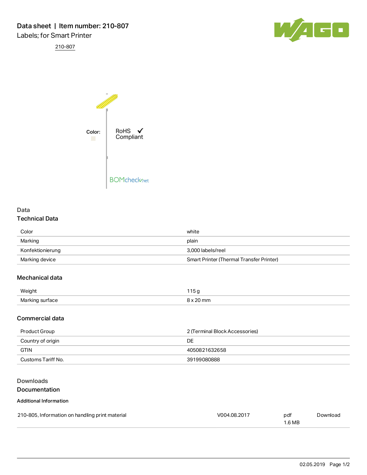 Wago 210-807 Data Sheet