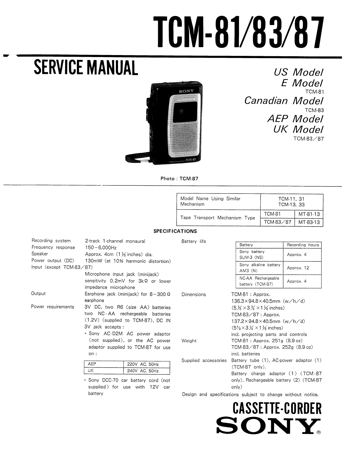 Sony TCM-83 Service manual
