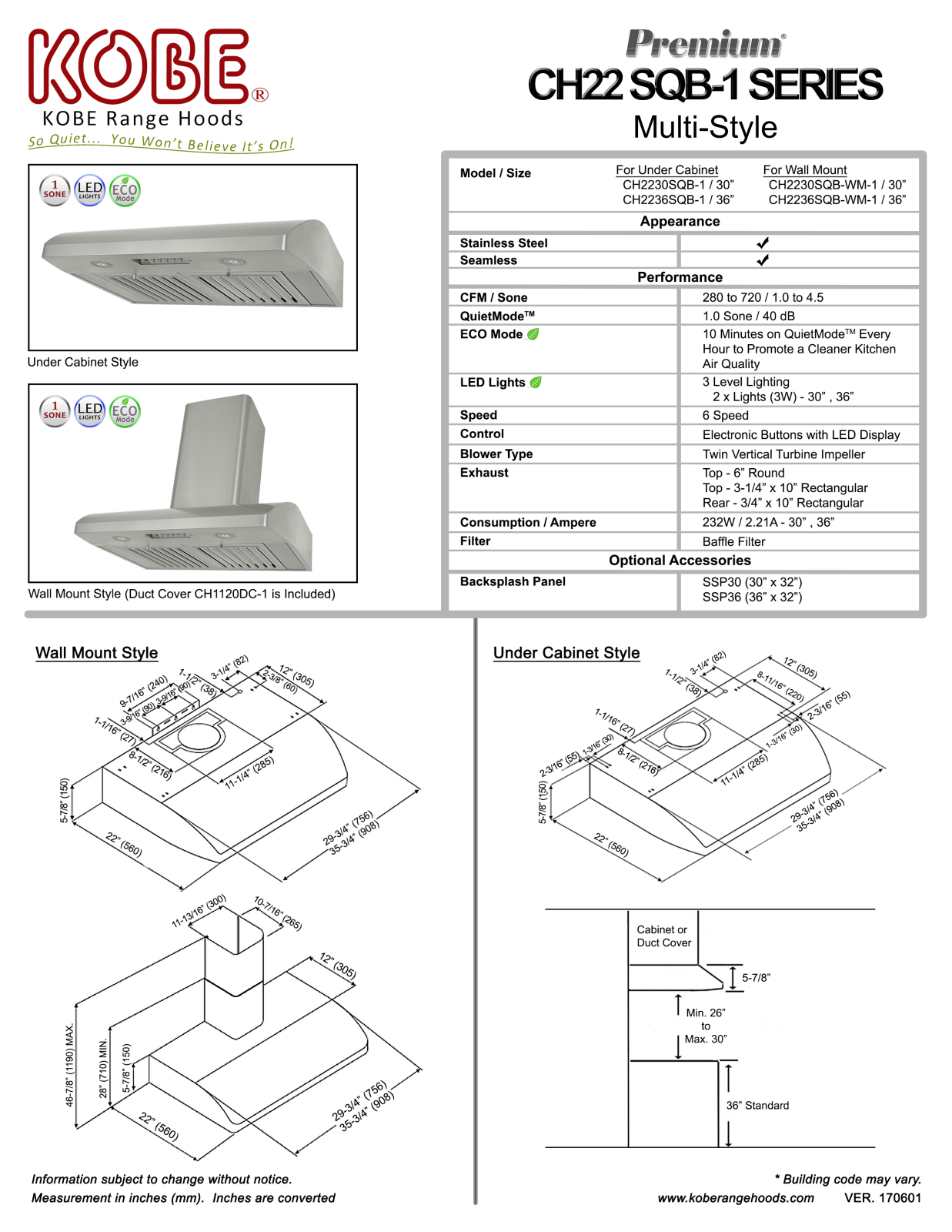 Kobe CH2236SQB1, CH2230SQBWM1 Specifications