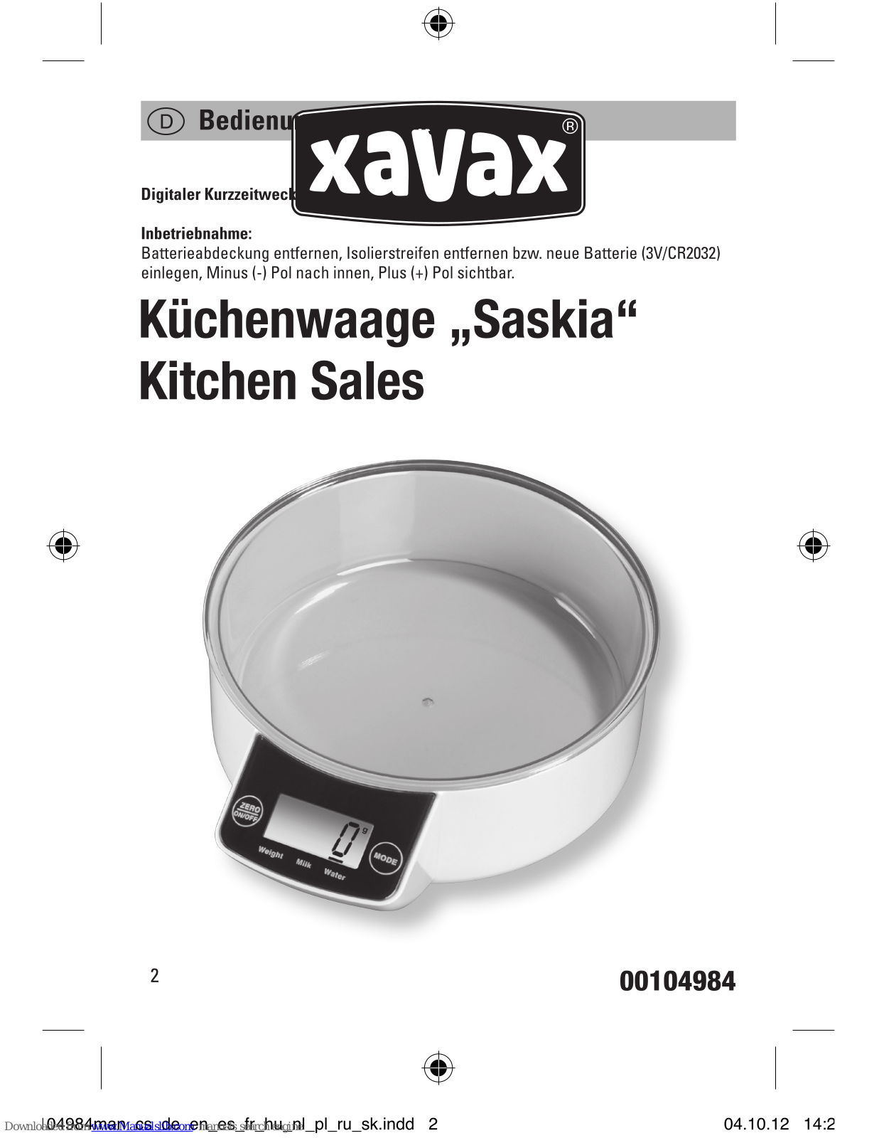 Xavax Kitchen Sales, 104984 Operating Instructions