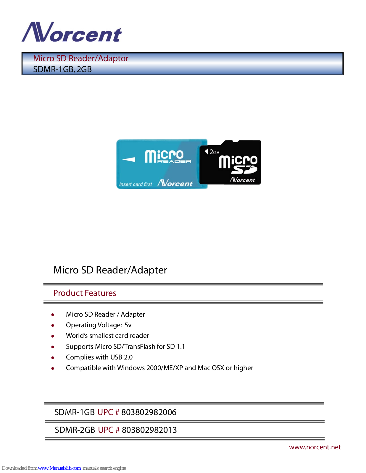 Norcent Micro SD Reader/Adaptor SDMR-1GB, SDMR-2GB Specifications