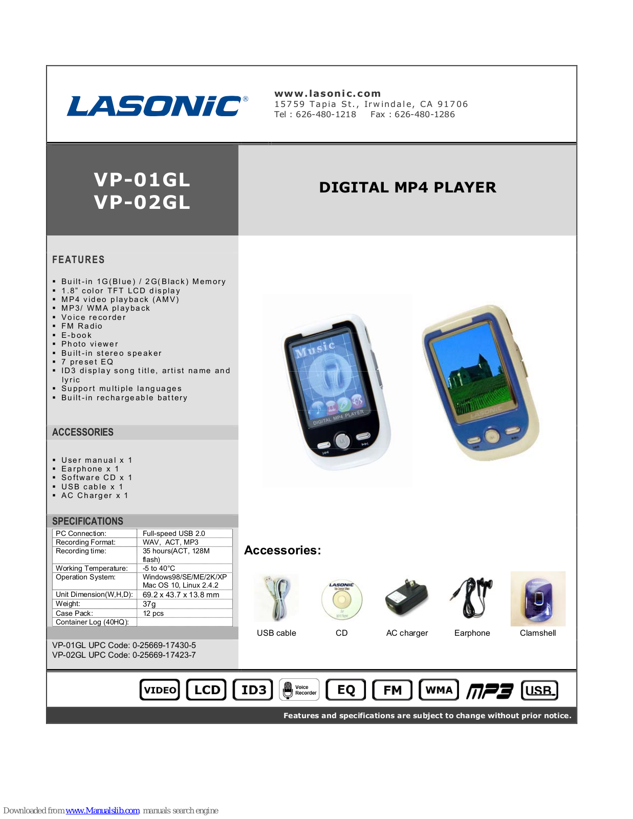 Lasonic VP-01GL, VP-02GL Specifications - ManualMachine.com