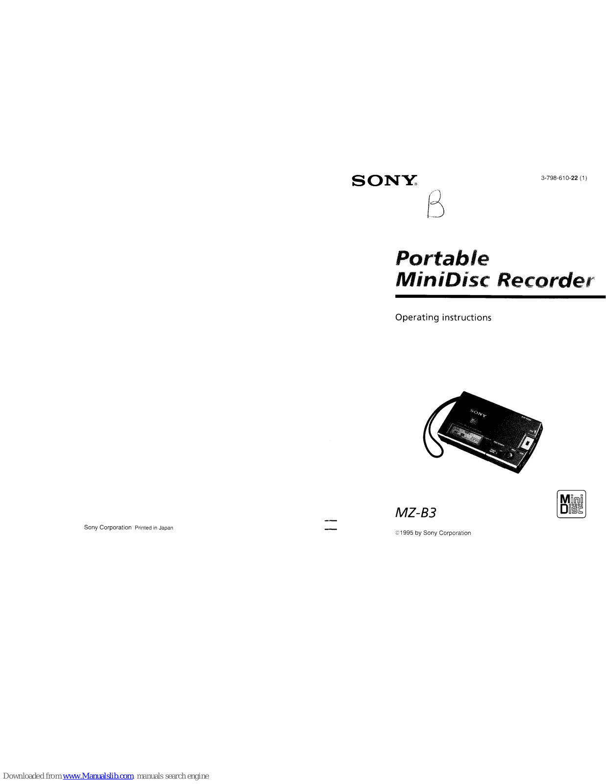 Sony MZ-B3 - MD Walkman MiniDisc Recorder, MZ-B3 Operating Instructions Manual