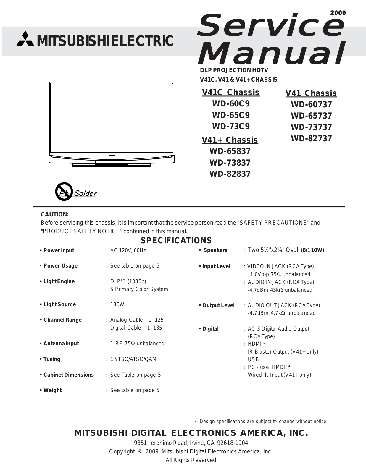 Mitsubishi Electronics WD-65C9, WD-73737, WD-65837, WD-52527, WD-60737 User Manual