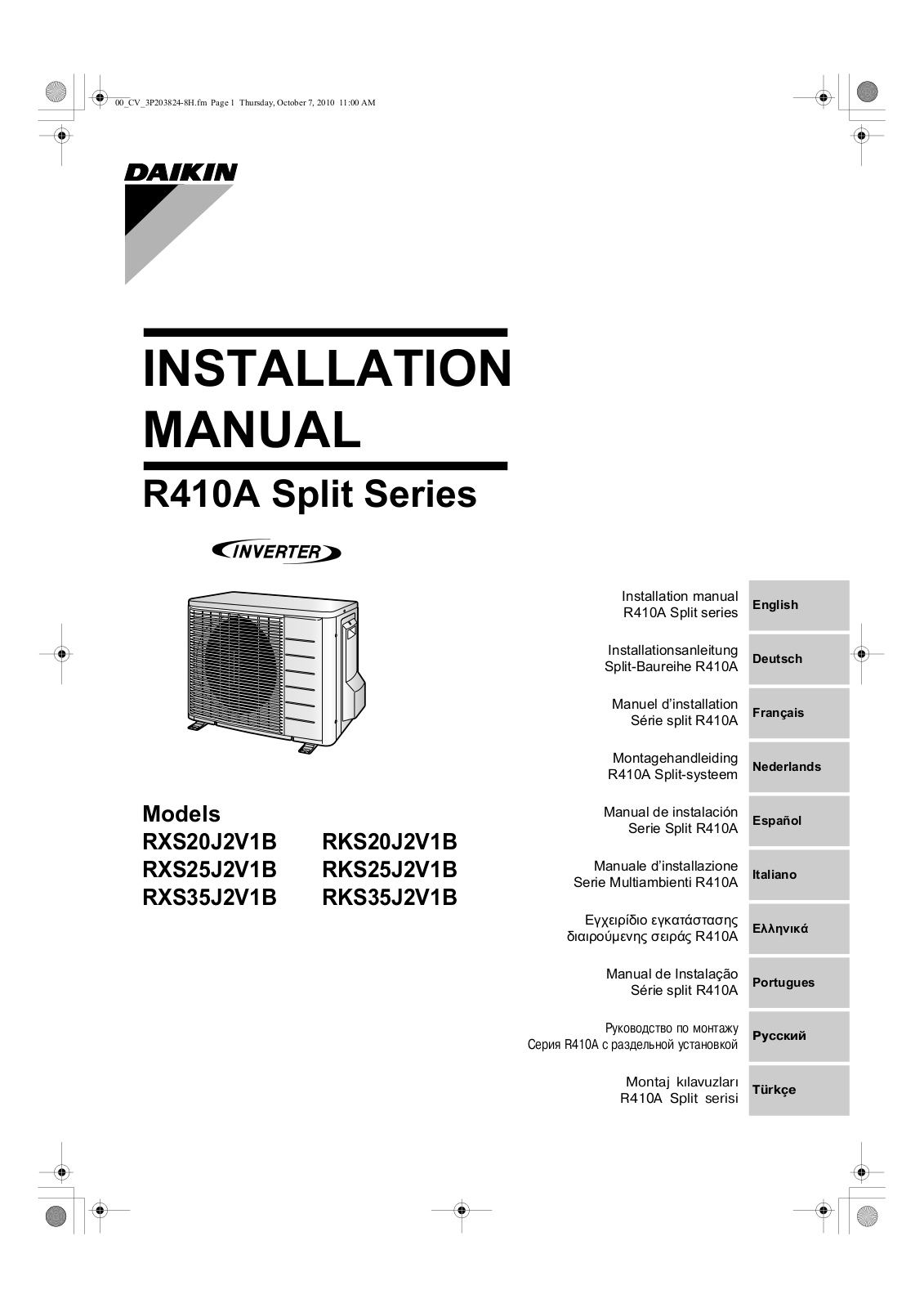 Daikin RXS20J2V1B, RKS20J2V1B, RXS25J2V1B, RKS25J2V1B, RXS35J2V1B Installation manuals