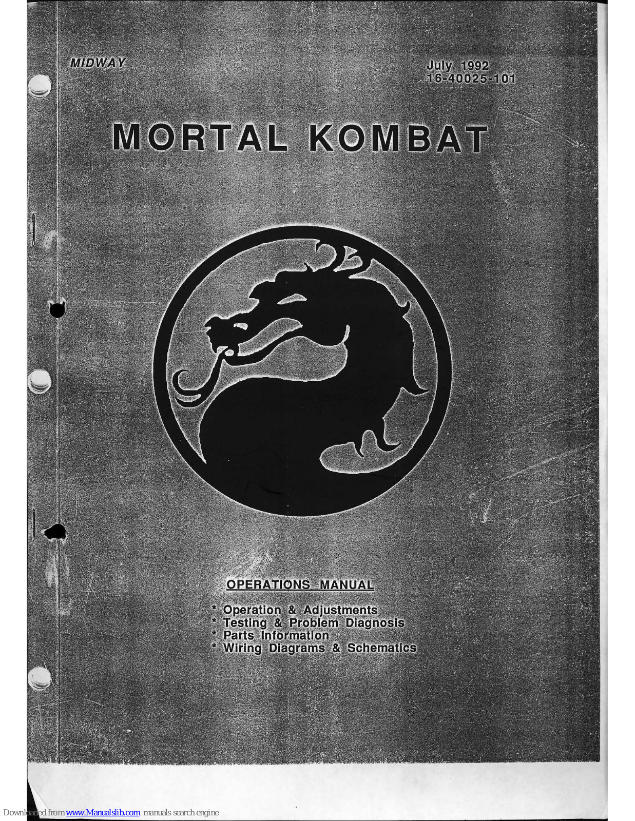 Midway Mortal Kombat Operation Manual