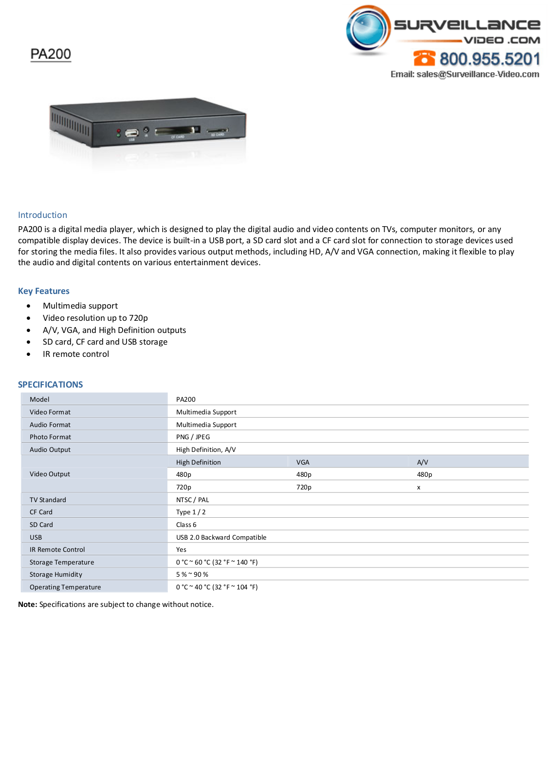 Geovision GV-PA200 Specsheet