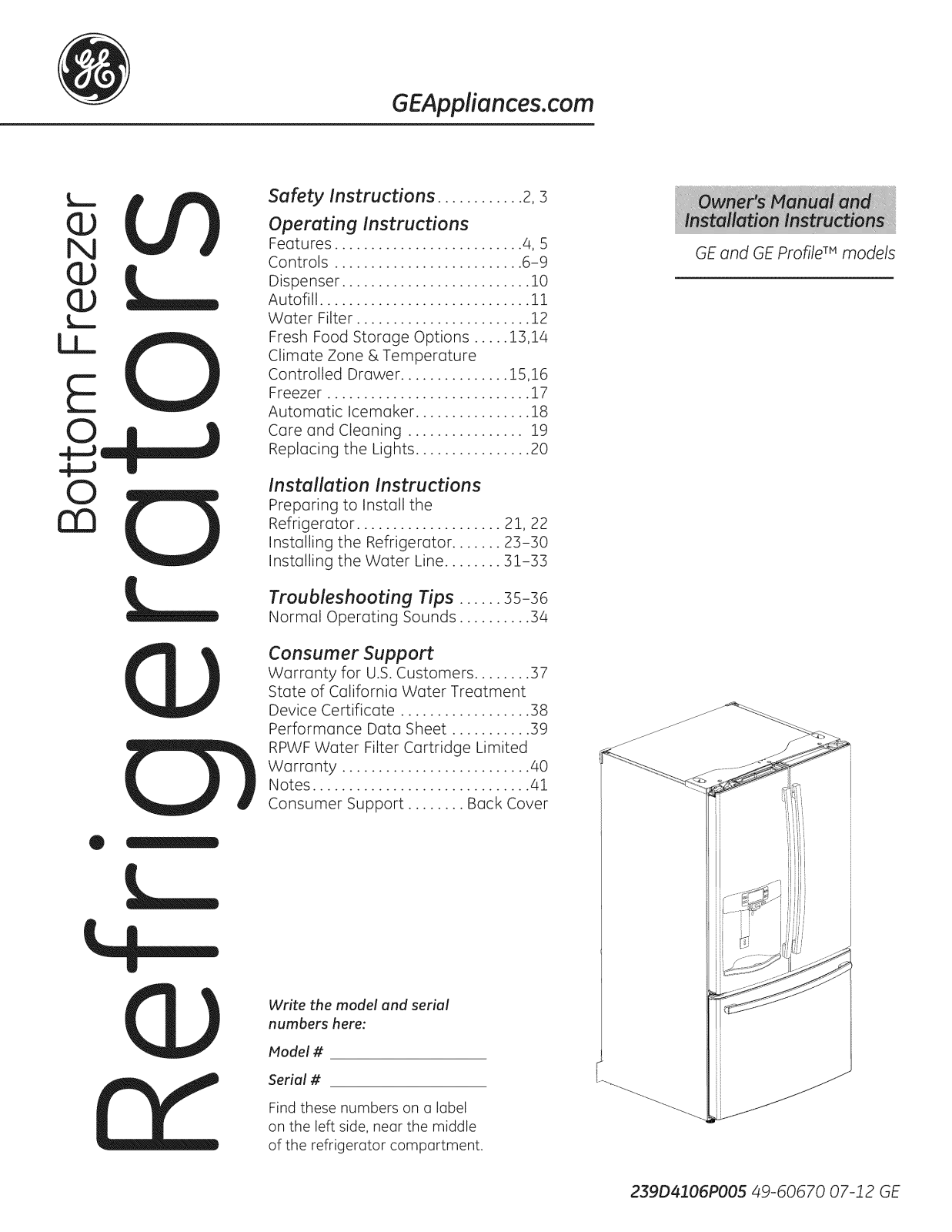 GE PFSS6PKXGSS, PFSS6PKXFSS, PFSS5NFZHSS Owner’s Manual