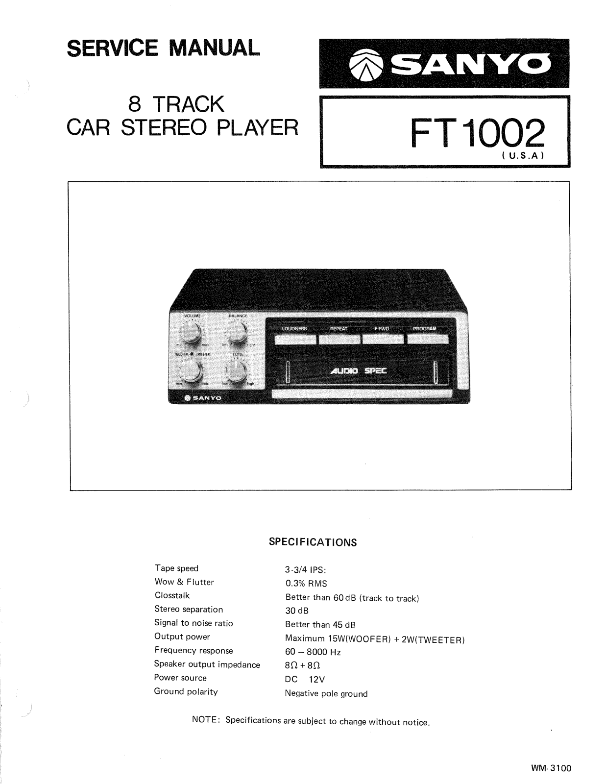 Sanyo FT-1002 Service manual