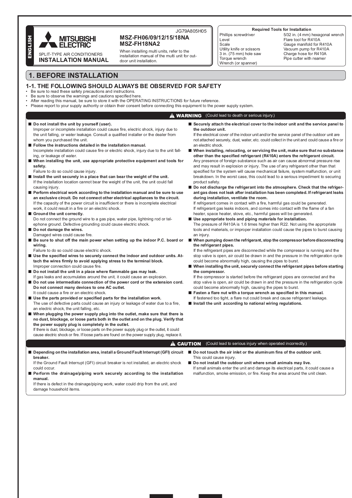 Mitsubishi Electronics MSZ-FH06NA, MSZ-FH09NA, MSZ-FH12NA, MSZ-FH15NA, MSZ-FH18NA Installation Manual