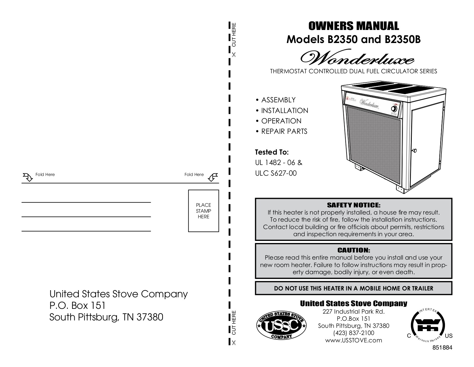 United States Stove B2350, B2350B User Manual