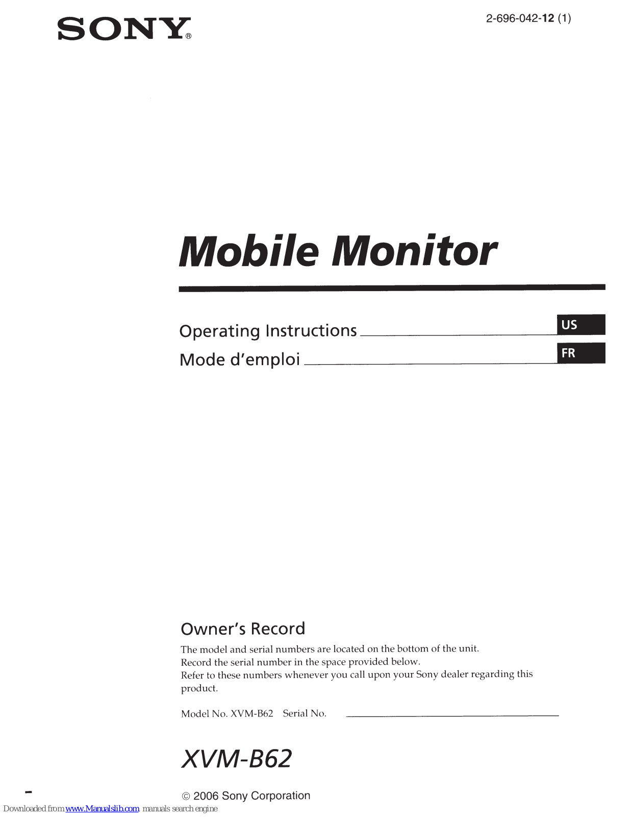 Sony XVM-862, XVM-B62 Operating Instructions Manual - ManualMachine.com