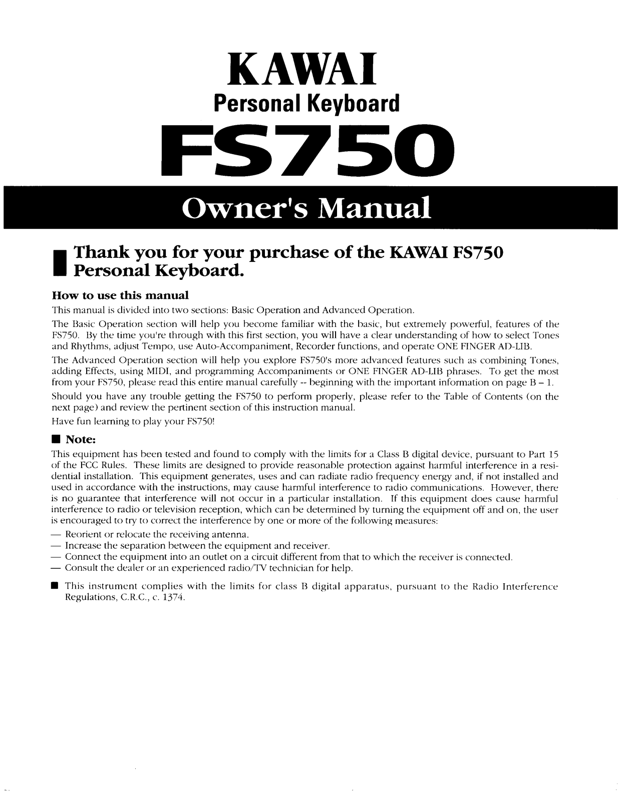 Kawai FS750 User Manual