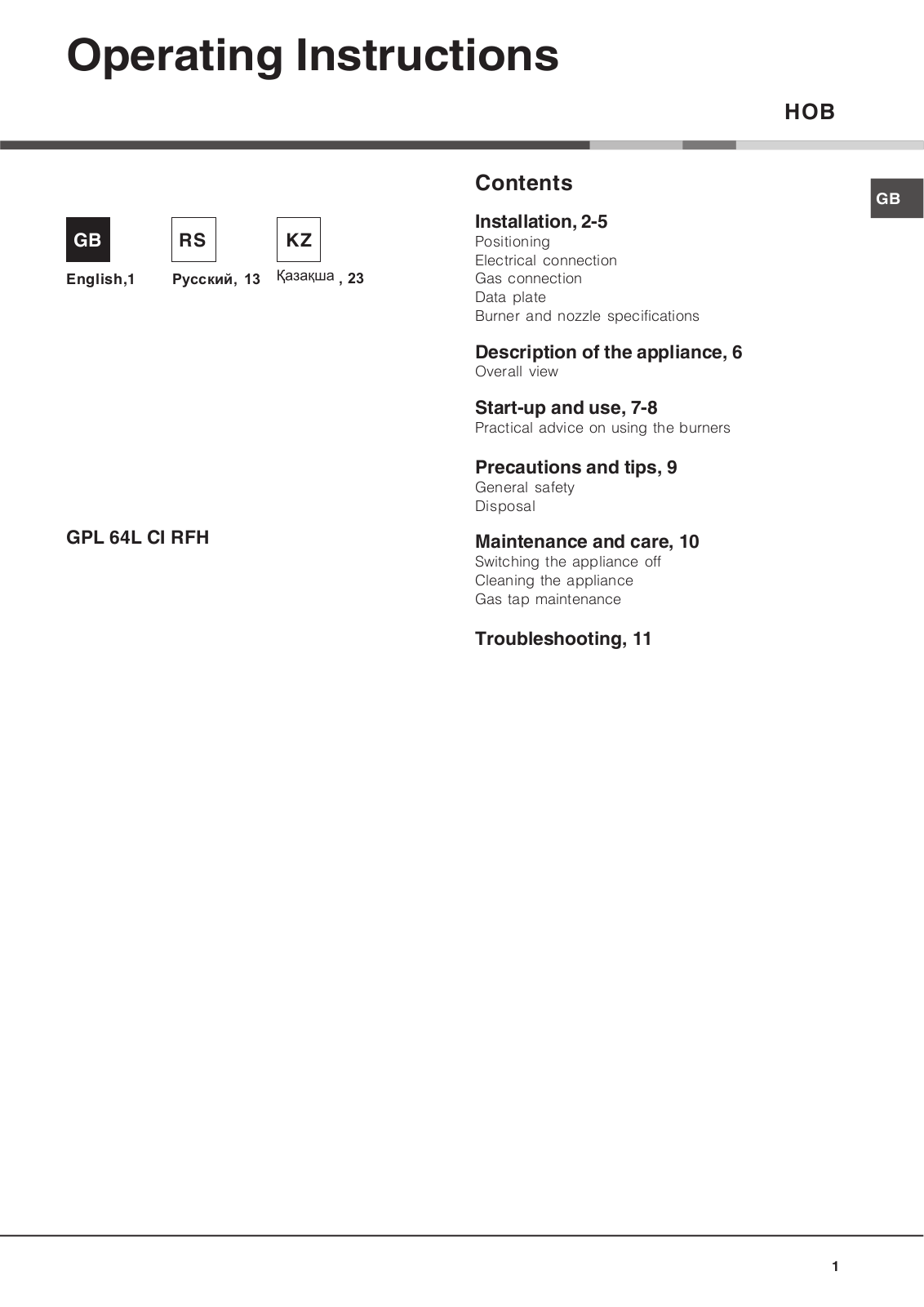 HOTPOINT/ARISTON GPL 64L CI RFH User Manual