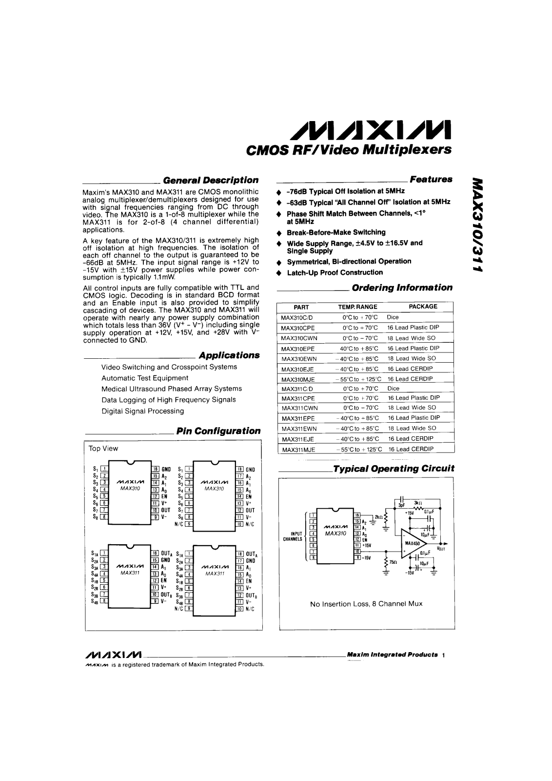 Maxim MAX310MJE, MAX310EJE, MAX310CWN, MAX310CPE, MAX310C-D Datasheet