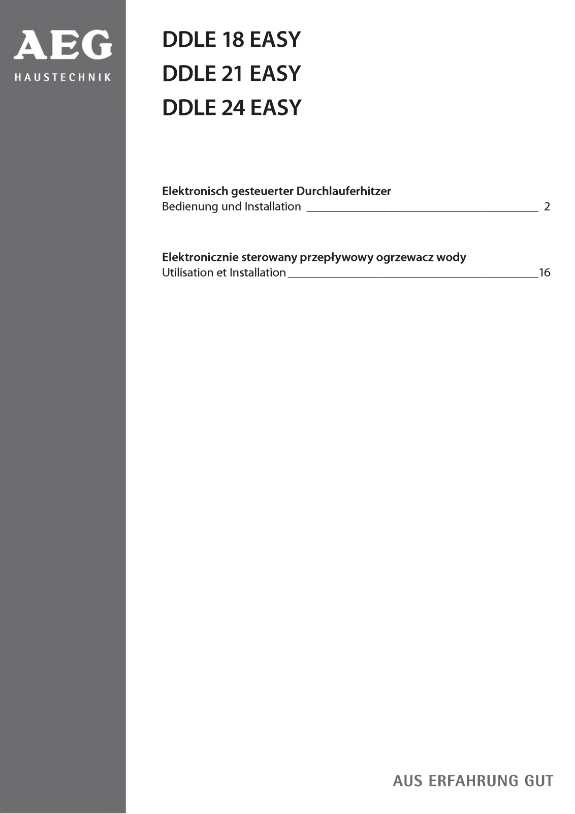 AEG Haustechnik DDLE 18 EASY, DDLE 21 EASY, DDLE 24 EASY Operating and Installation instructions