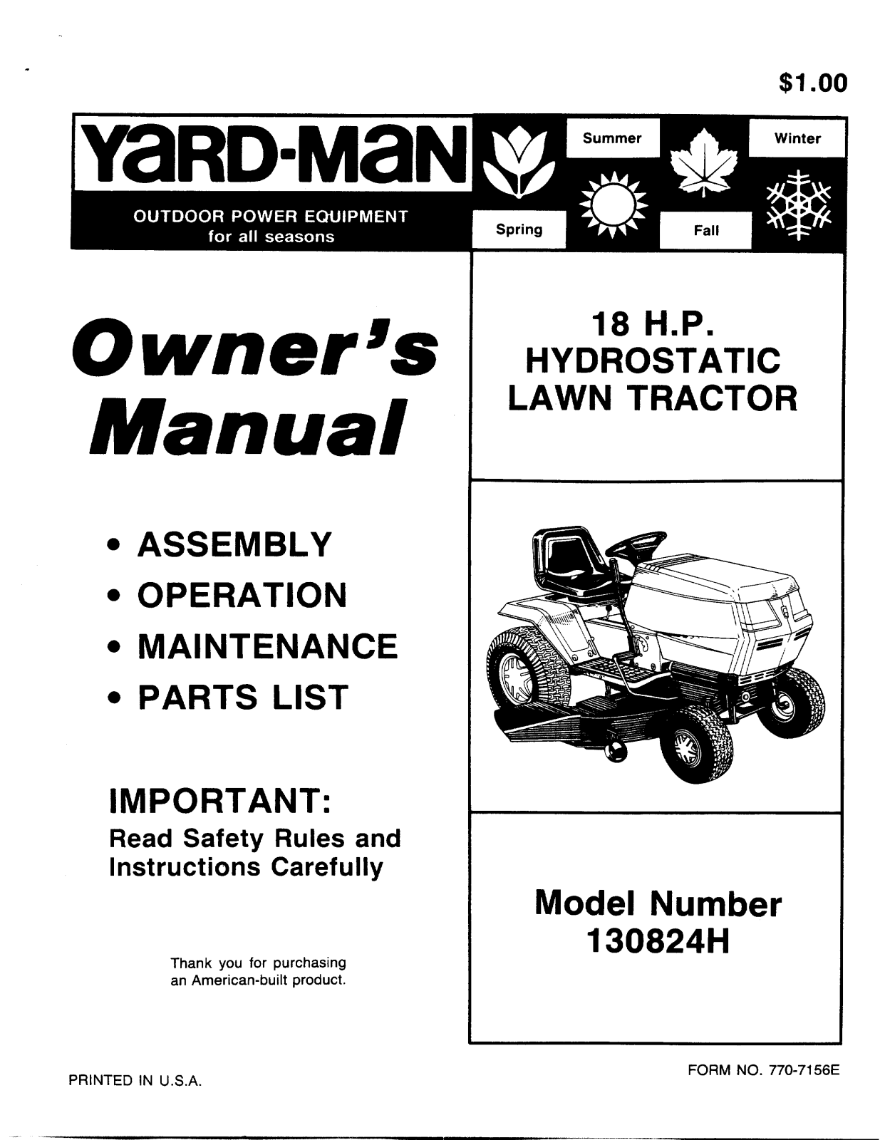 Yard-Man 130824H User Manual