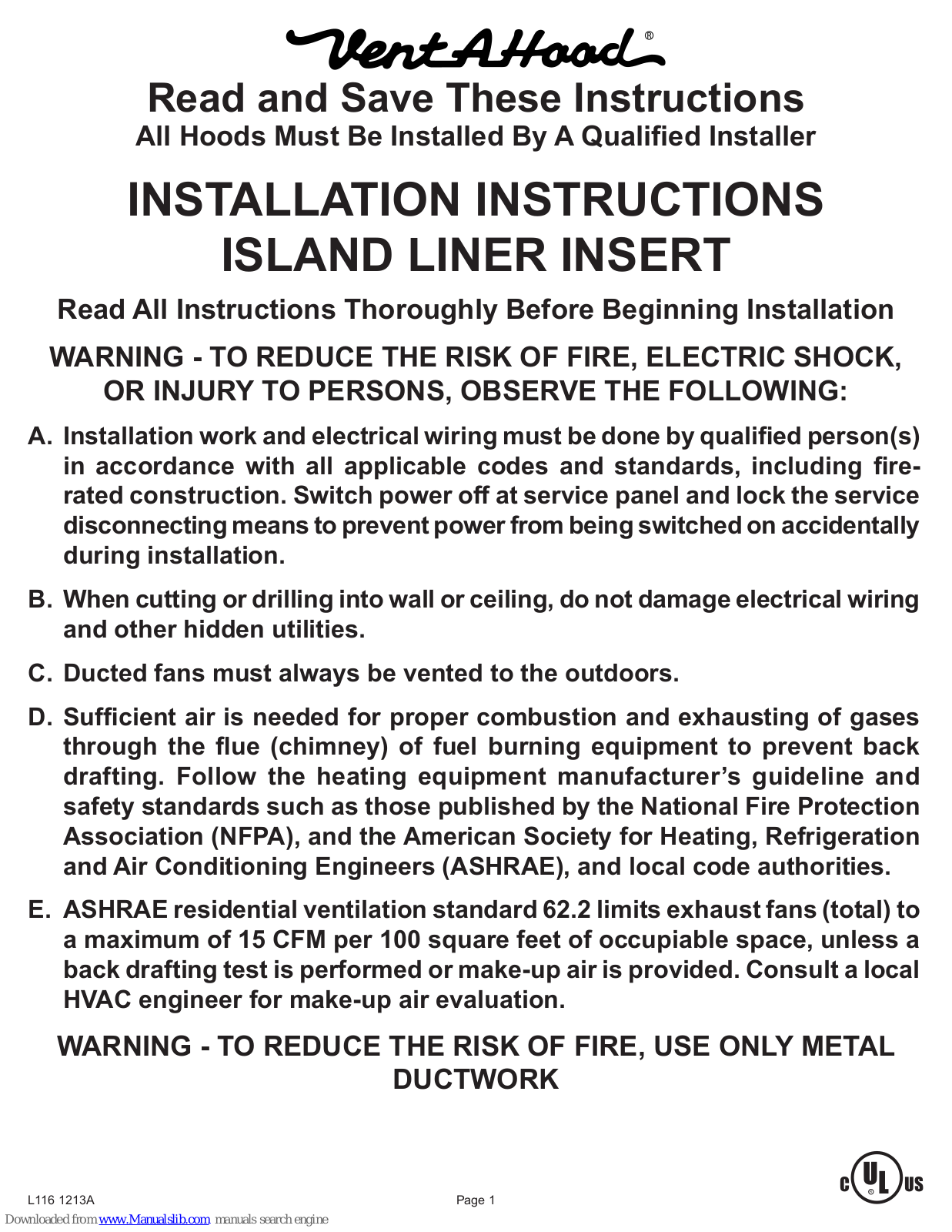 Vent-a-Hood ISLAND, T200 Island Dual, T400 Island Cluster, ISLAND LINER INSERT Installation Instructions Manual