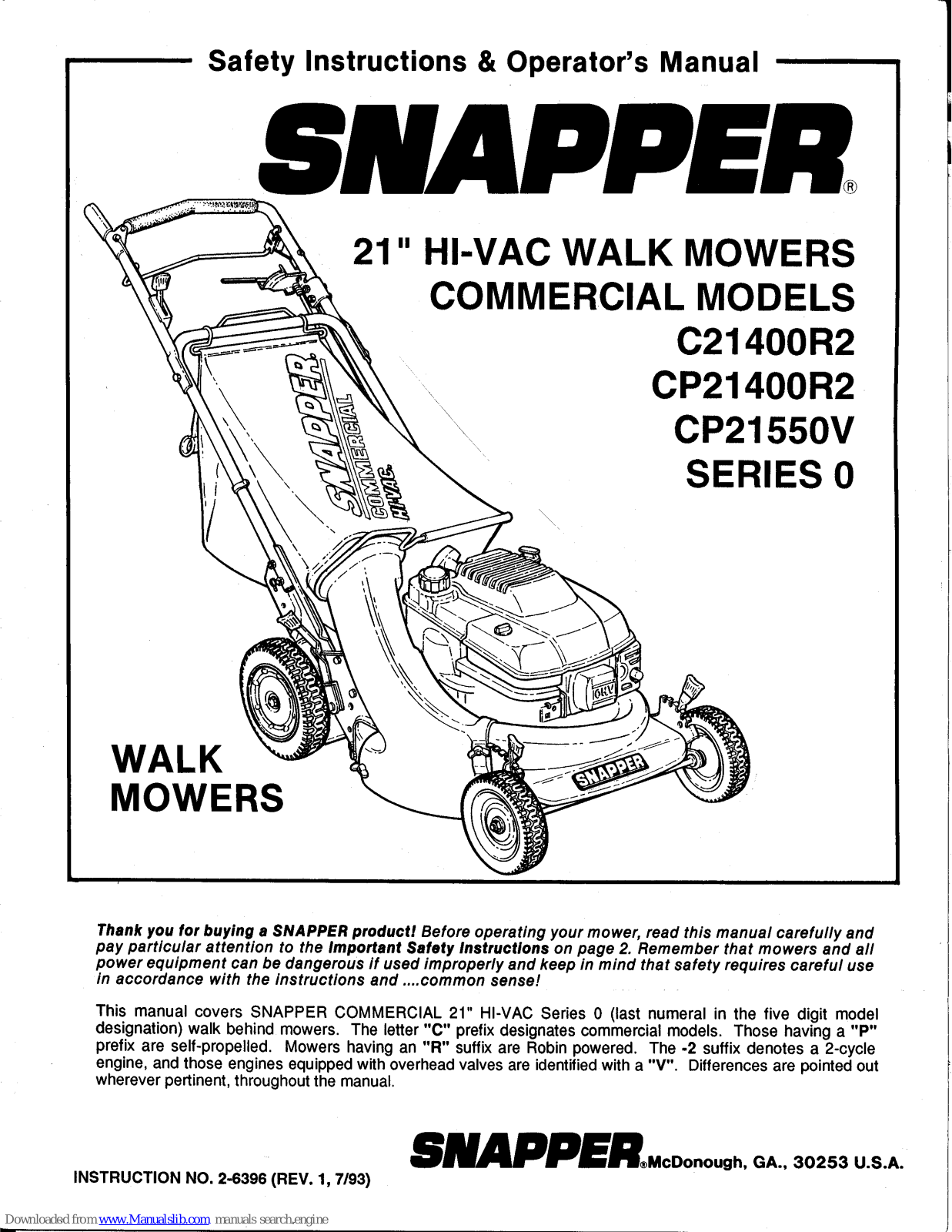 Snapper C21400R2, CP21400R2, CP21550V, CP231550V Safety Instructions & Operator's Manual