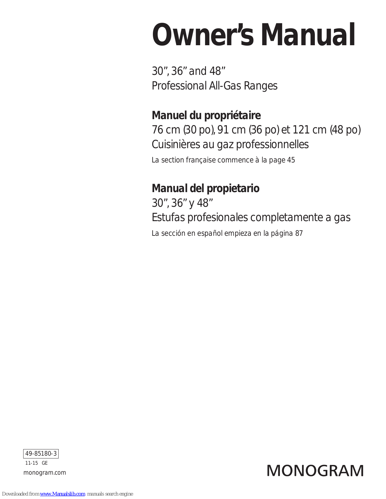 Monogram ZGP304L, ZGP304N, ZGP366L, ZGP364ND, ZGP366N Owner's Manual