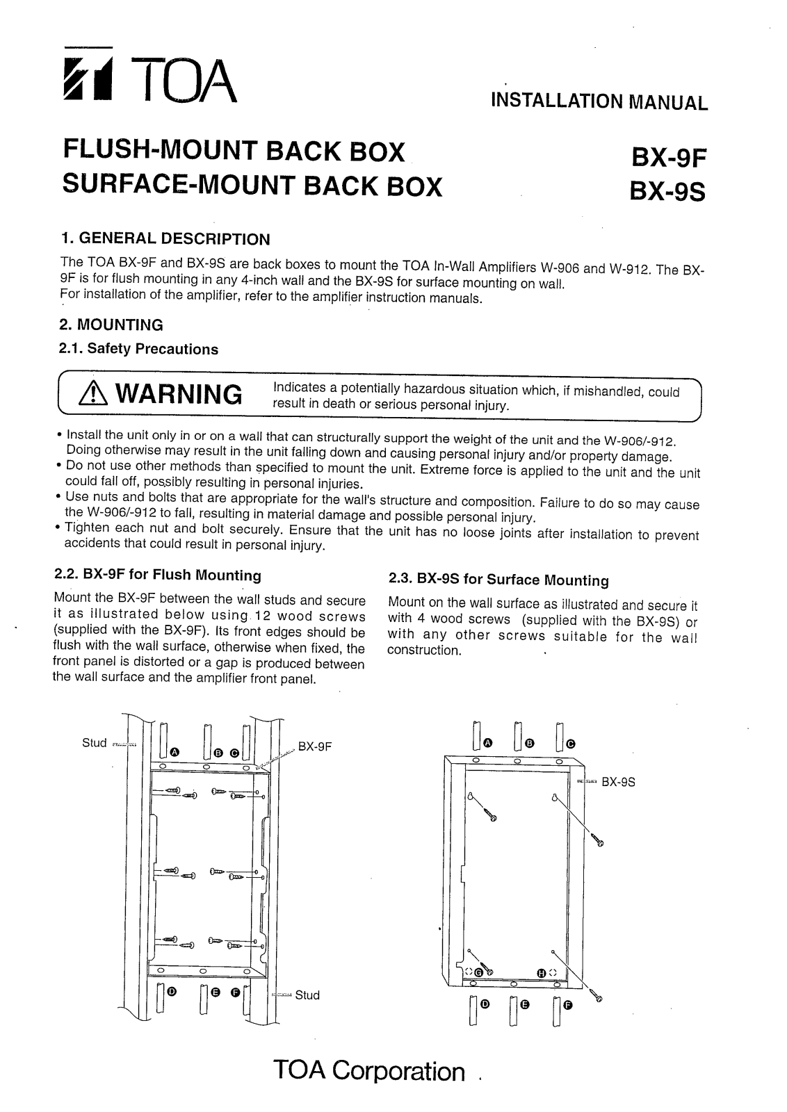 TOA BX-9F, BX-9S User Manual