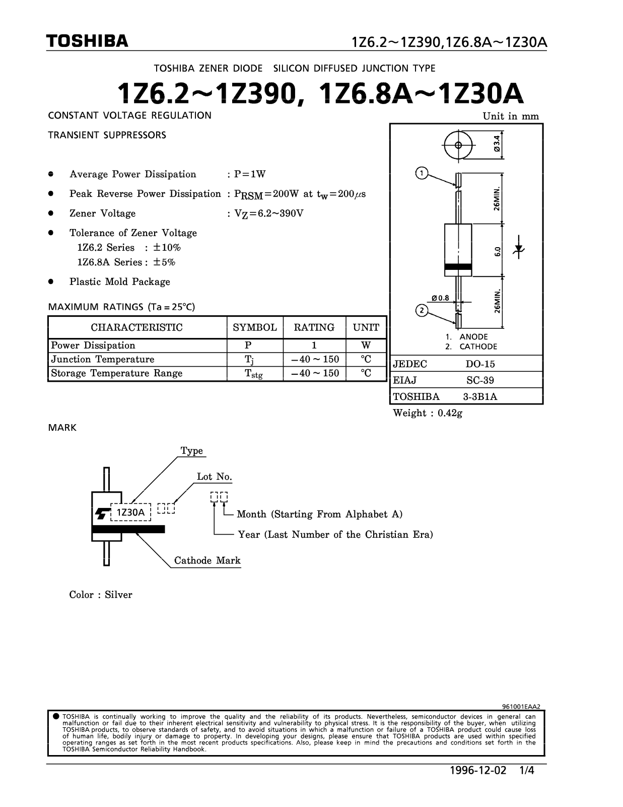 Toshiba 1Z30A, 1Z30, 1Z27A, 1Z11, 1Z10A Datasheet