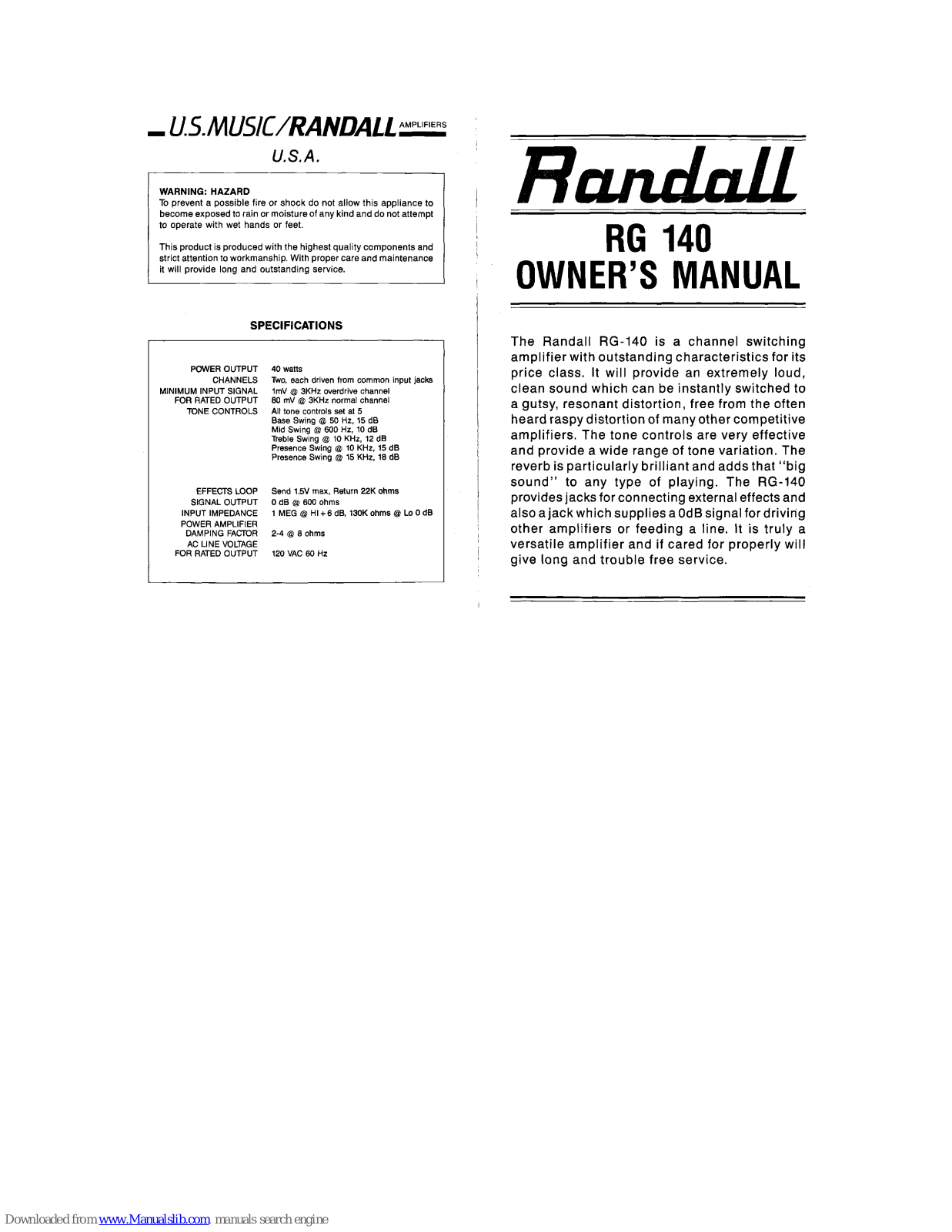 Randall RG 140 Owner's Manual