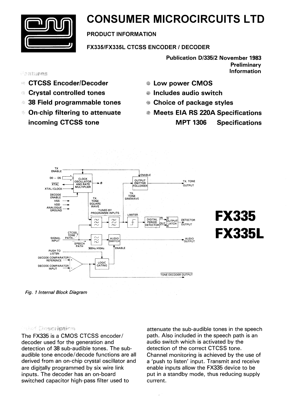 Consumer Microcircuits Limited FX335L, FX335 Datasheet