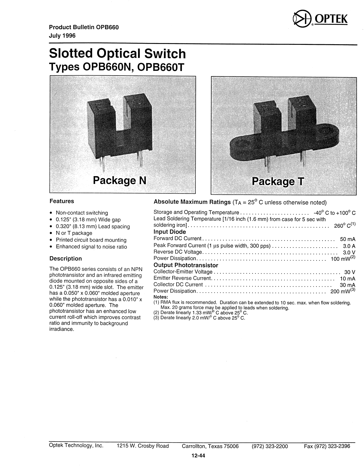 OPTEK OPB660T, OPB660N Datasheet