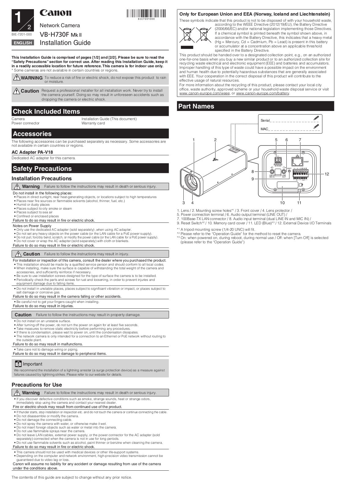 Canon VB-H730F Mk II Installation Manual