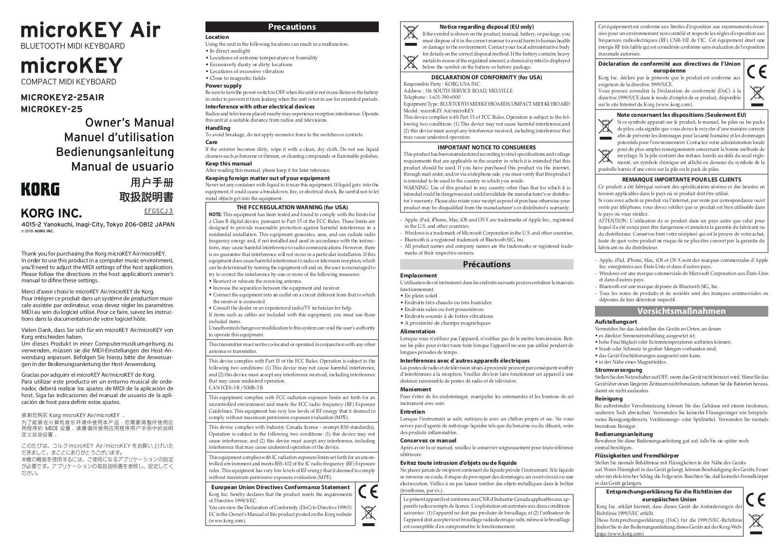 Korg microKEY 2 25 Air, microKEY 25, microKEY Air, microKEY Owner's Manual