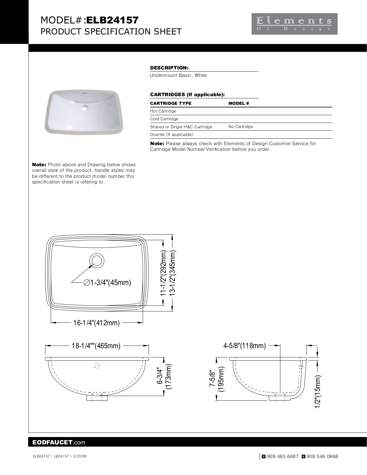 Elements of Design EDE1811 Specification Sheet - ManualMachine.com