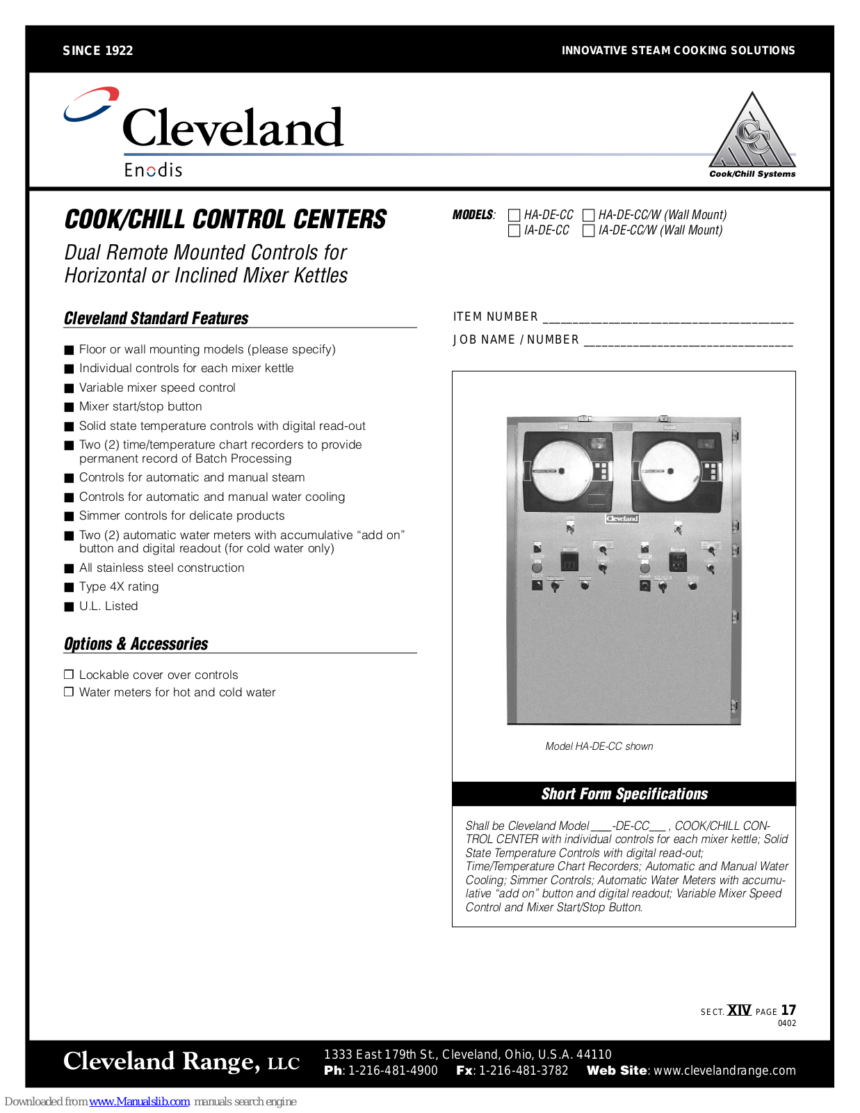 Cleveland IA-DE-CC, HA-DE-CC/W, IA-DE-CC/W Specifications