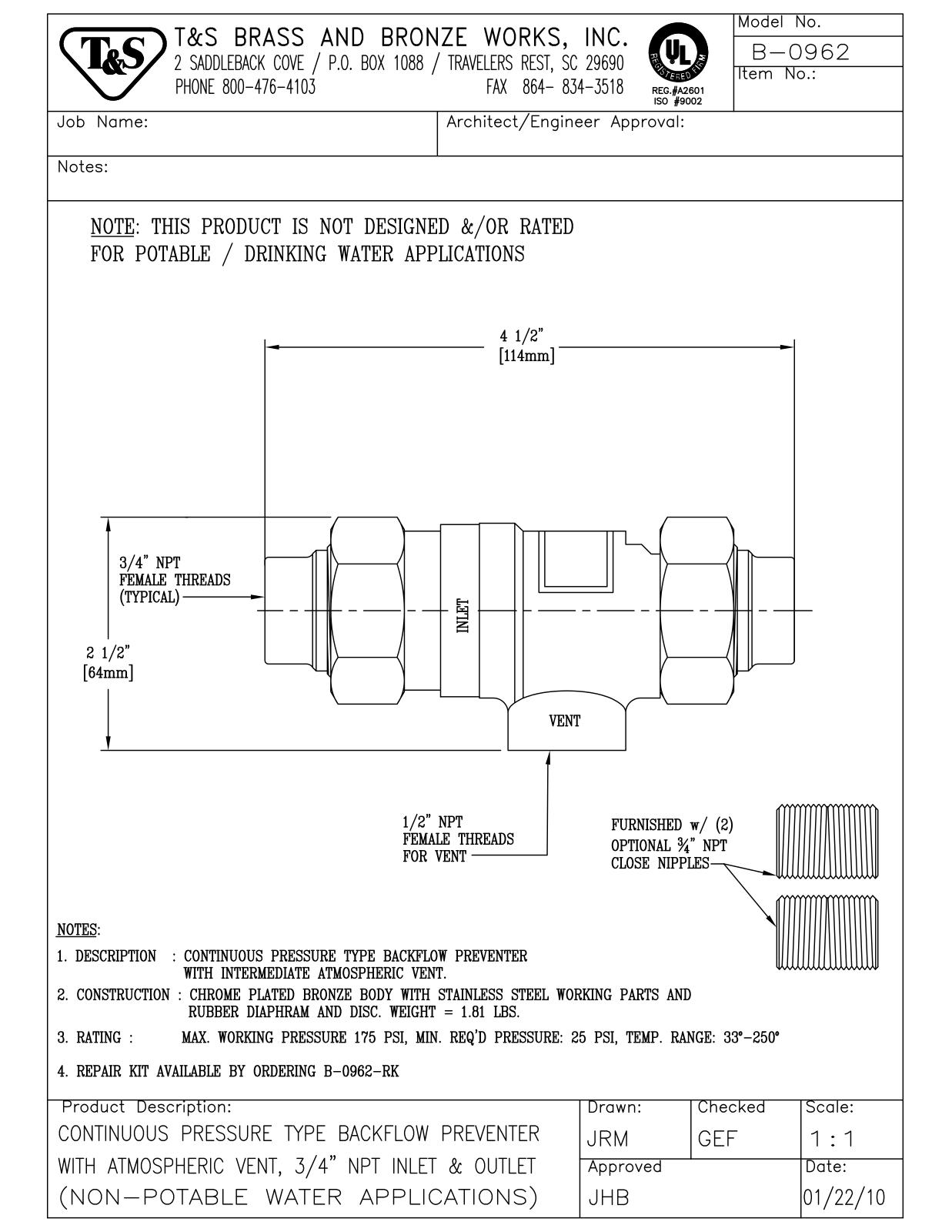 T&S Brass B-0962 User Manual