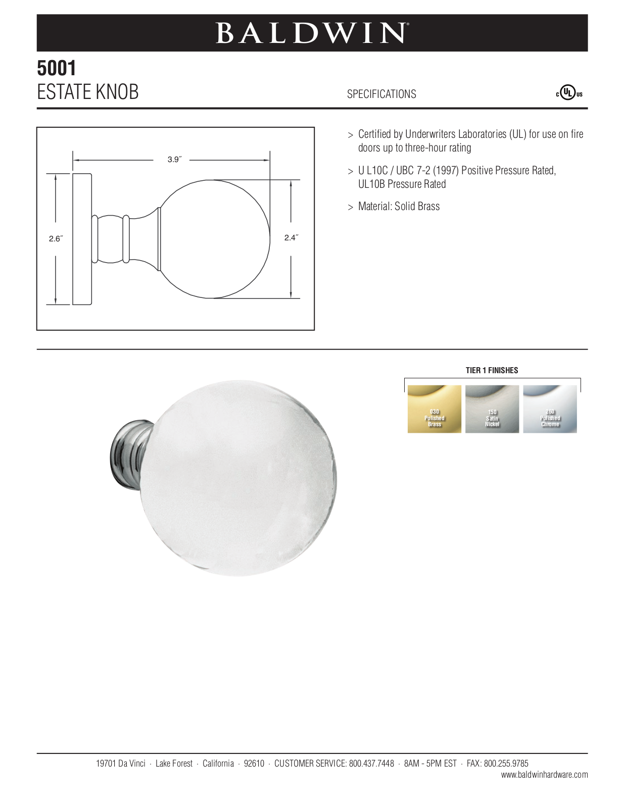 Baldwin 5001 Estate Knob User Manual