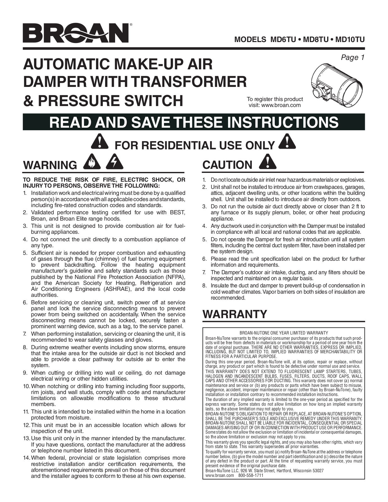 BROAN-NUTONE MD6TU, MD8TU, MD10TU INSTRUCTIONS