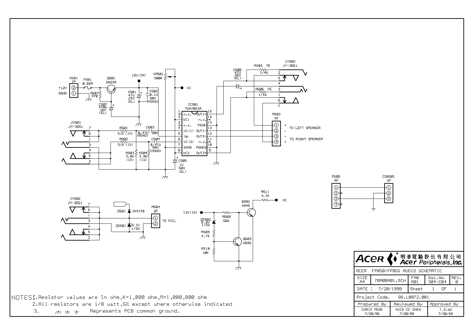 Acer FP850, FP855 Schematic