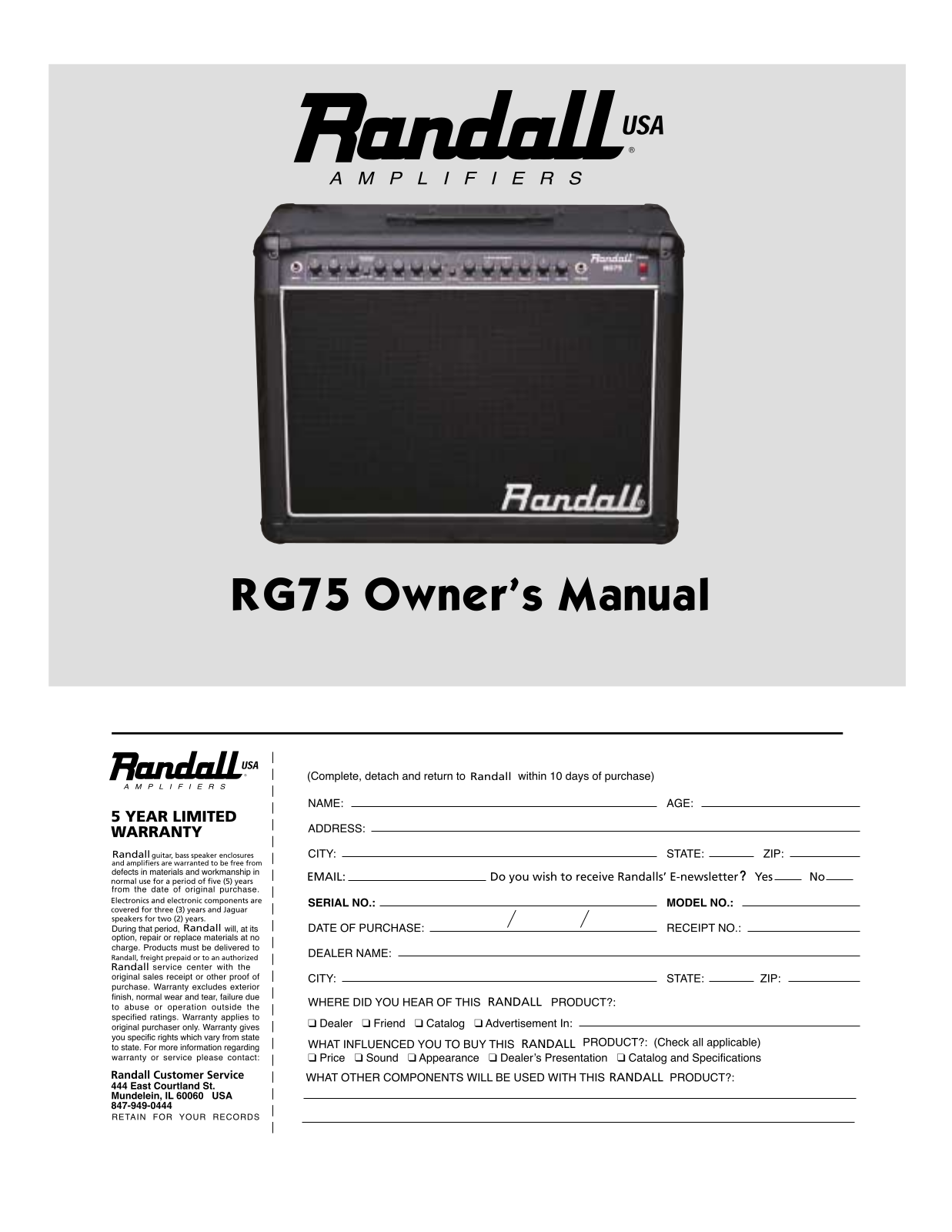 Randall RG75 Owner's Manual