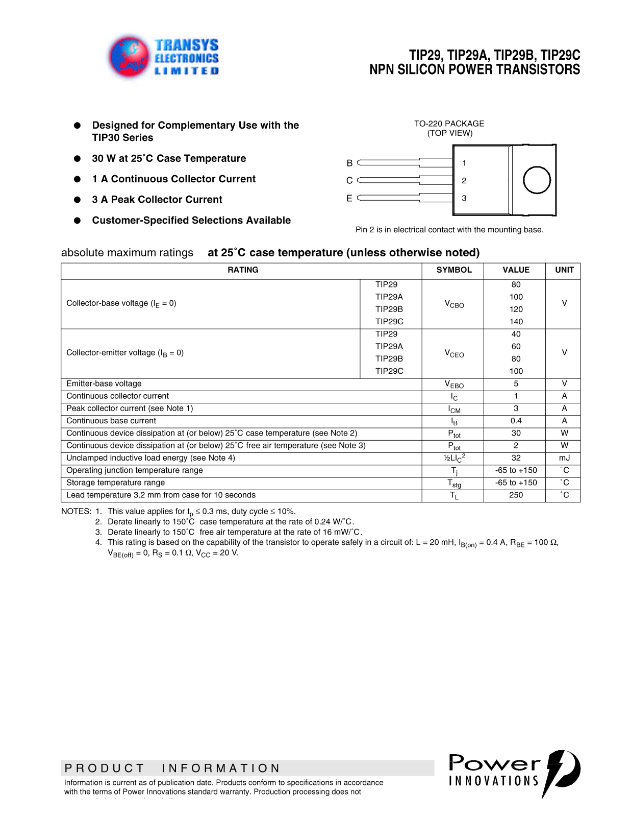 TEL TIP29A, TIP29B, TIP29, TIP29C Datasheet