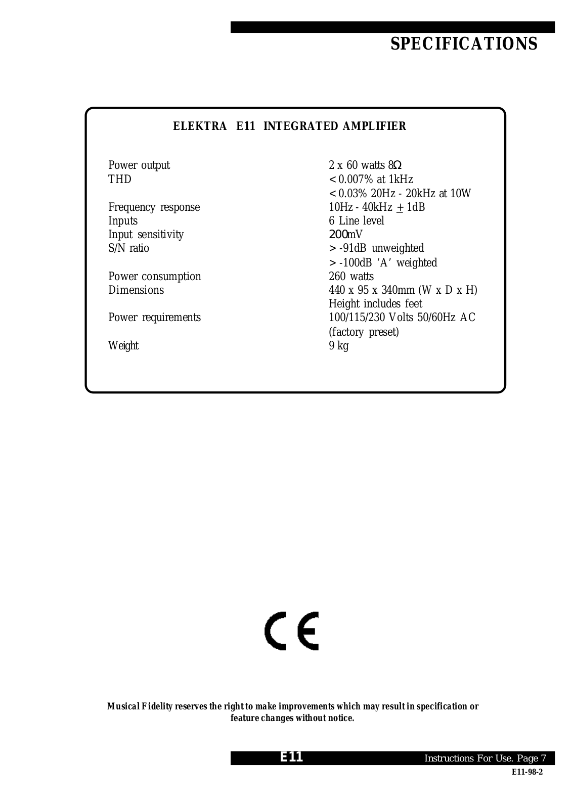 Musical Fidelity E-11 Owners manual