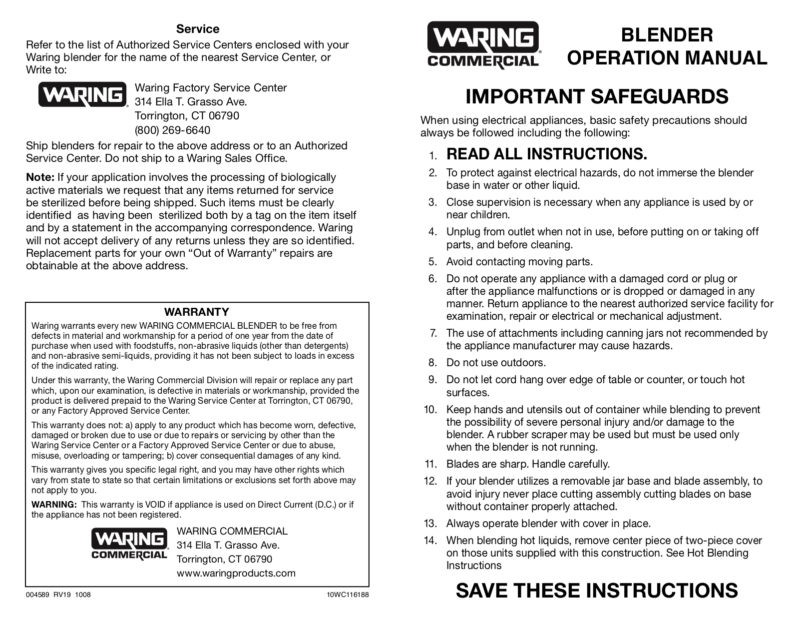 Waring 800S OPERATION MANUAL