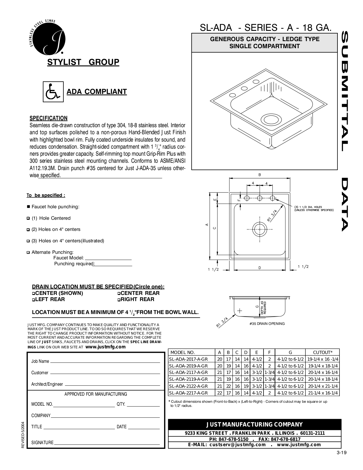 Just Manufacturing SL-ADA-2017-A-GR, SL-ADA-2019-A-GR, SL-ADA-2117-A-GR, SL-ADA-2119-A-GR, SL-ADA-2122-A-GR User Manual