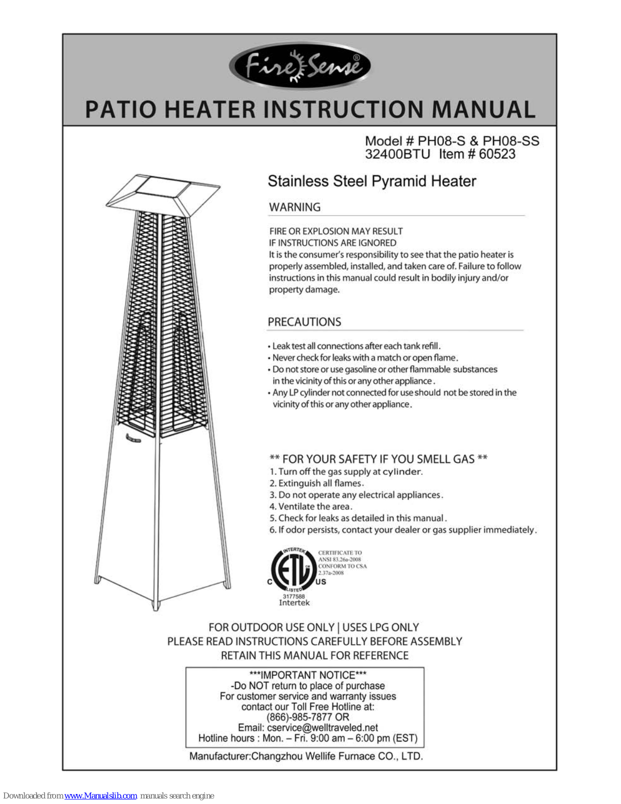 Fire Sense FireSense PH08-S, PH08-SS, 60523 Owner's Manual